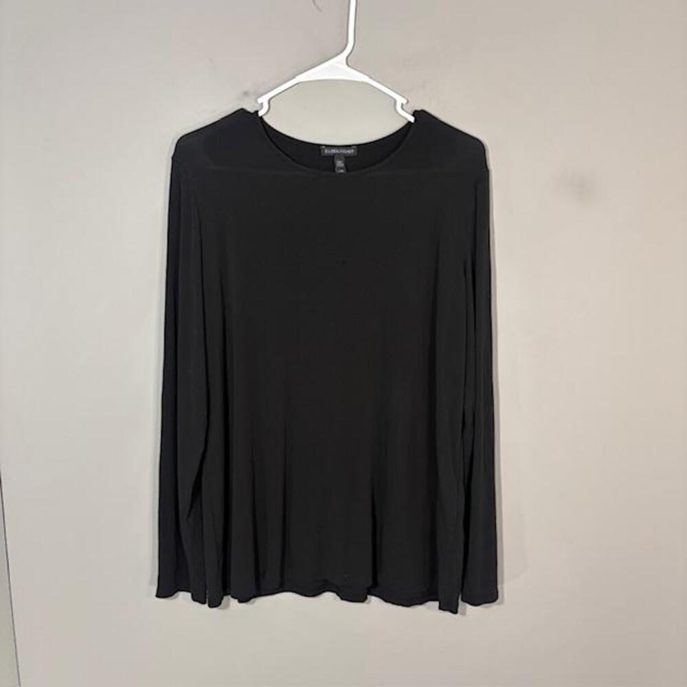 Eileen Fisher T-Shirt Womens Large Black Solid Crew Neck Long Sleeve Silk Top